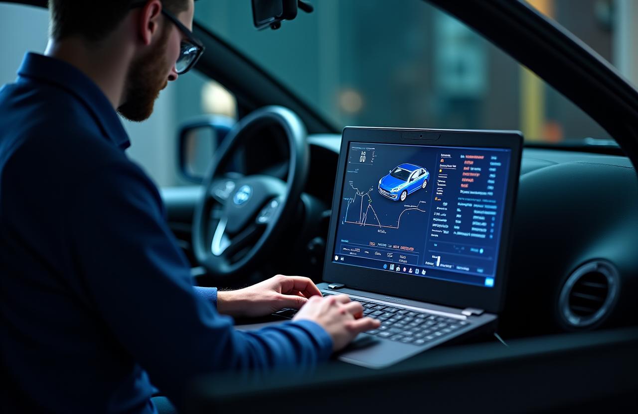 Mechaniker analysiert Fahrzeugdaten auf einem Laptop.