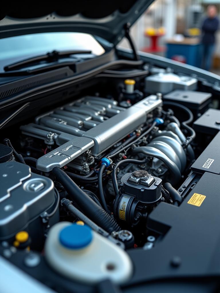Detailaufnahme eines sauberen Motorraums während der Wartung.