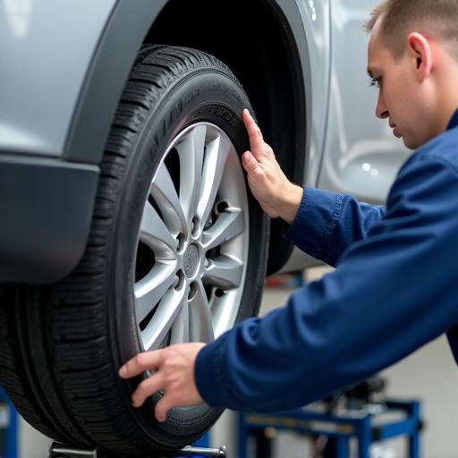 Mechaniker montiert einen neuen Reifen auf eine Felge.