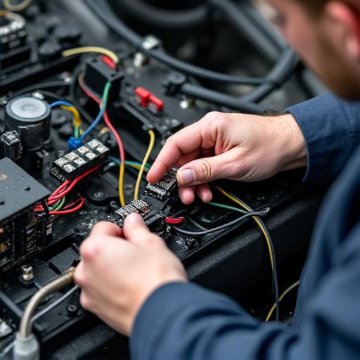 Elektriker arbeitet an der Verkabelung eines modernen Fahrzeugs.