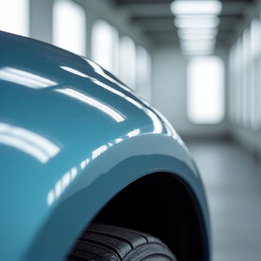 Perfekt lackierter Kotflügel eines Autos in der Lackierkabine.